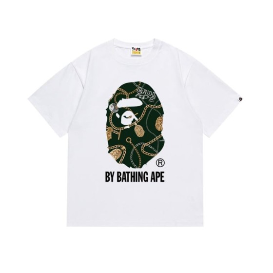 White BAPE T-Shirt with Gold Chain Print Ape Head and "BY BATHING APE" Logo